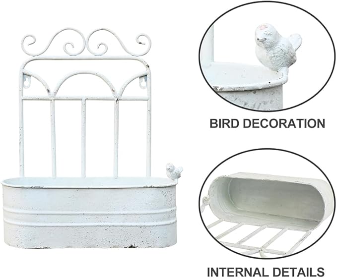 Vintage Rustic Wall Planter Distressed Decor Iron Hanging Plant Basket Shabby Metal Wall Mounted Flower Holder Pot Stand for Indoor Outdoor Home Balcony Patio Farmhouse Garden Decorative (White)