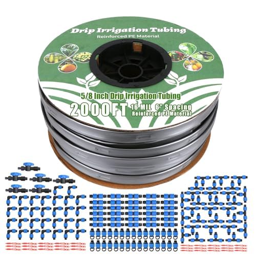 2000FT 5/8 Inch 16 Mil Drip Tape Irrigation Kit, 6" Spacing Roll 16 Mil Drip Tape Irrigation, Durable Reinforced PE Material Anti-Bird Pecking Silver Anti-Burning Seedlings Drip Irrigation System