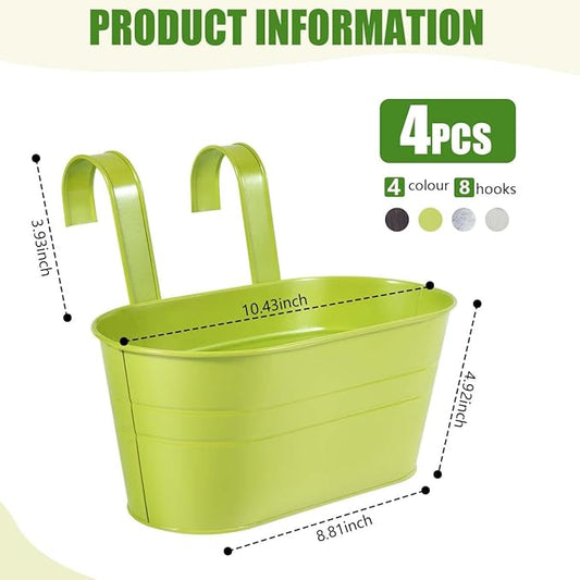 OBTANIM 4 Pack Metal Hanging Flower Pots Iron Railing Planter Outdoor Fence Hanging Pots Bucket Plant Holder with Detachable Hooks Drain Holes for Home Garden Yard Decor (Mixed Color)