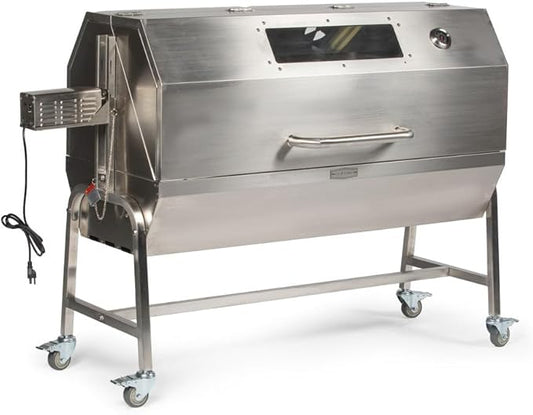 Ash & Ember 25 Watt Stainless Steel BBQ Rotisserie Grill, Rated 125 LB for Medium Game, Hood with Viewing Window, Portable Electric Outdoor Roaster with Dual Prongs, Single Leg Bracket, and Spine Fork