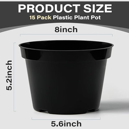 BTPLASTIK 8 Inch Plastic Plant Pots, 15 Pack Sturdy Nursery Pot with Drainage Holes, Flower Planter Pots for Indoor Outdoor, Garden Containers Sets for Vegetable Herbs Flowers, Black