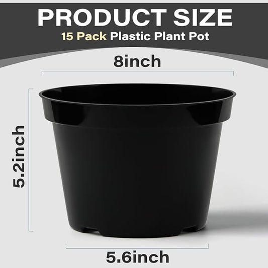 BTPLASTIK 8 Inch Plastic Plant Pots, 15 Pack Sturdy Nursery Pot with Drainage Holes, Flower Planter Pots for Indoor Outdoor, Garden Containers Sets for Vegetable Herbs Flowers, Black