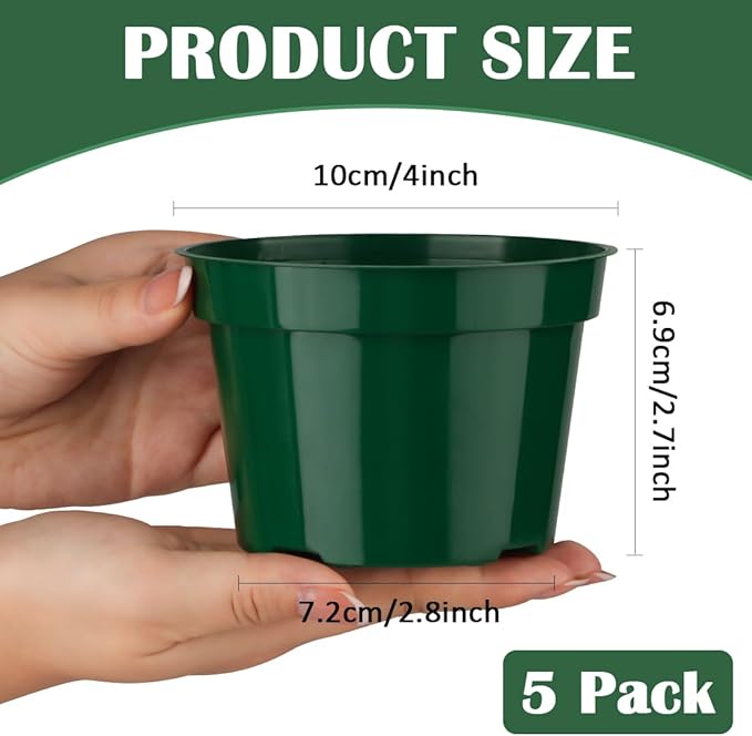 5 Pack 4 Inch Plastic Plant Pots, Thickened Sturdy Nursery Pots, Seed Starter Pots with Drainage Hole, Planting Small Flower Pots, Green