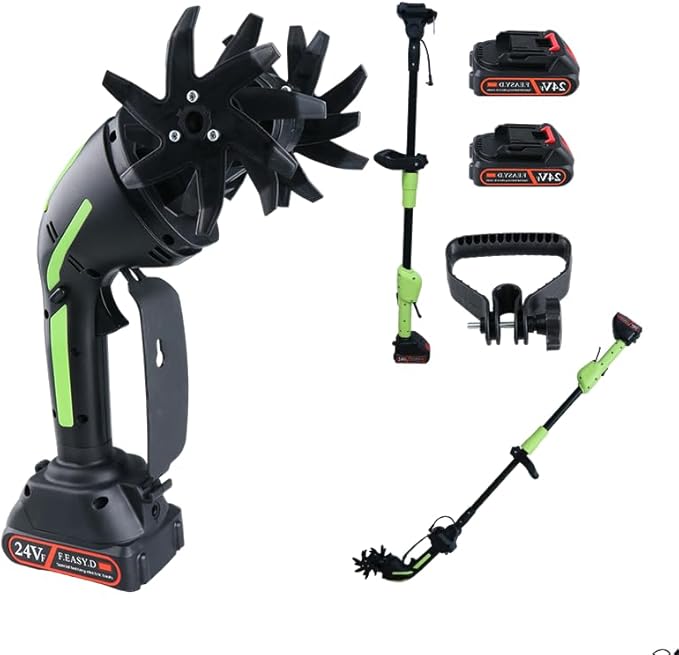 24V Cordless Tiller Cultivator, 4-Inch Tilling Width and Depth, Handheld with Extension Rod, 235 RPM Electric Garden Tiller, Lightweight 1.2kg Body, 2 × 1.5Ah Batteries & Charger (24V-Green)