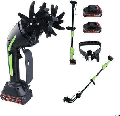 24V Cordless Tiller Cultivator, 4-Inch Tilling Width and Depth, Handheld with Extension Rod, 235 RPM Electric Garden Tiller, Lightweight 1.2kg Body, 2 × 1.5Ah Batteries & Charger (24V-Green)