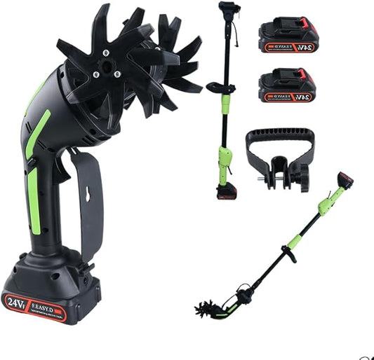 24V Cordless Tiller Cultivator, 4-Inch Tilling Width and Depth, Handheld with Extension Rod, 235 RPM Electric Garden Tiller, Lightweight 1.2kg Body, 2 × 1.5Ah Batteries & Charger (24V-Green)