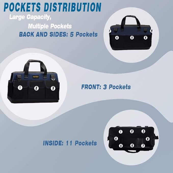 FASTECH 20in Heavy Duty Bottom Tool Bag With Wide Mouth For Tool Storage, Carrier and Organizer, Tote Bag For Men/Women, Wide Mouth Tools Bag With Inside Pockets (20 Inch)