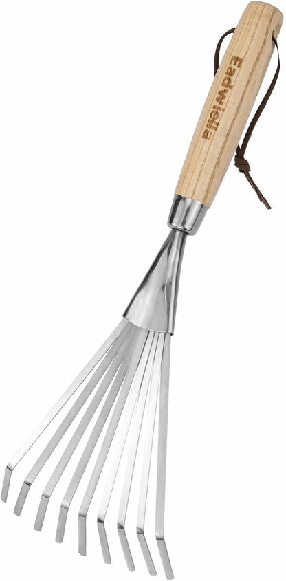 Hand Cultivator with 9-Teeth Rake - 14.4 Inch for Garden Bed Cultivating Soil, Weeding, Raking Leaves, Levelling Gravel - Solid Wood Handle