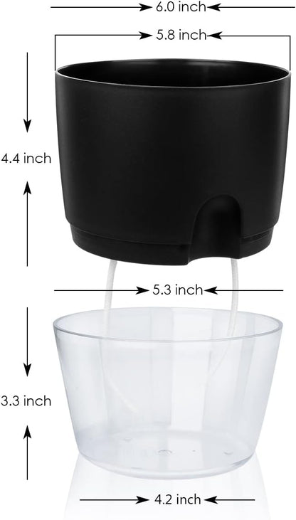 Vanavazon 6 Inch Self Watering Planter Pots for Indoor Plants, 3 Pack African Violet Pots with Wick Rope-Black