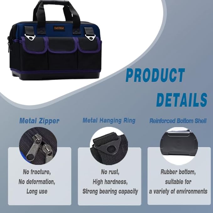 FASTECH 20in Heavy Duty Bottom Tool Bag With Wide Mouth For Tool Storage, Carrier and Organizer, Tote Bag For Men/Women, Wide Mouth Tools Bag With Inside Pockets (20 Inch)
