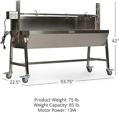 Ash & Ember 13W Stainless Steel BBQ Rotisserie Grill with Windscreen, 4 RPM Rotation Speed, Rated 85 LB for Medium Game, Portable Electric Outdoor Roaster