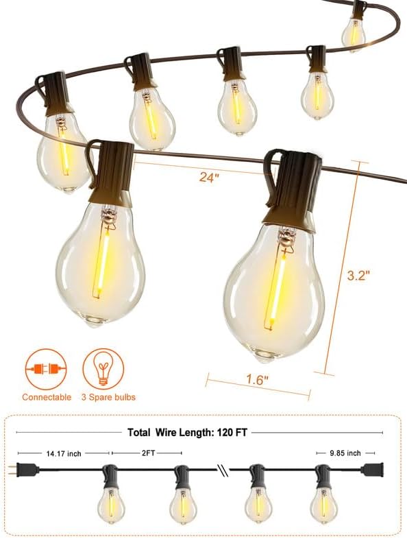 DAMAING Outdoor String Lights 120FT Waterproof Patio String Lights with 63 Shatterproof Dimmable A39 LED Bulbs, Connectable Outdoor Lighting for Backyard Porch Bistro and Balcony 2200K Black Cord