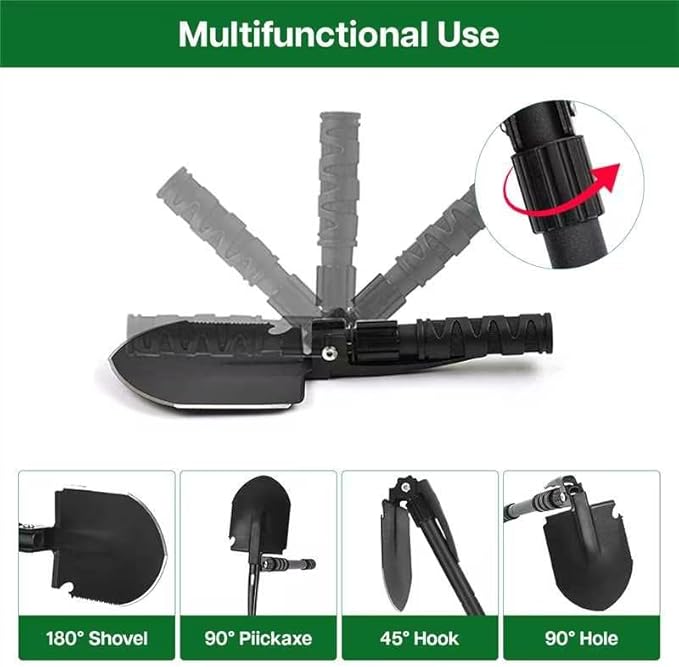 Folding Survival Shovel Multi-Tool, Heavy-Duty Military Entrenching Tool with Pickaxe, Collapsible Spade for Disaster Recovery, Car Emergency, Metal Detecting, Camping, Digging, and Gardening