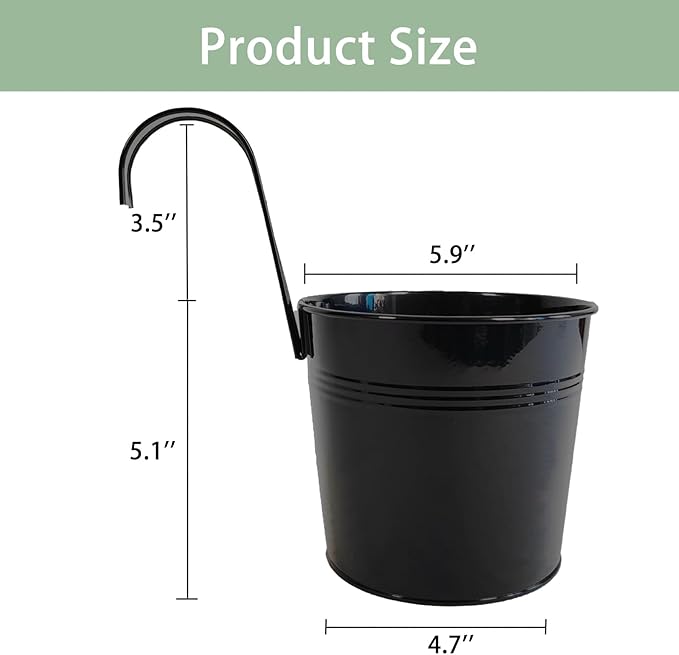 4 Pack Black Railing Planter, 6 Inch Metal Hanging Planters for Outside Balcony Rails Fence with Detachable Hooks, Flower Pots Outside for Garden Patio (Black, Pack of 4)