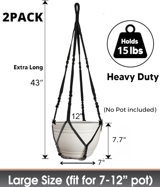 2 Pack 43 Inches Macrame Planter Hanger Large for 12 inch Pot (Extra Long & Big) + Swag Hook | Large Hanging Planter for Indoor Plants | No Pot/Plant Included (XL)
