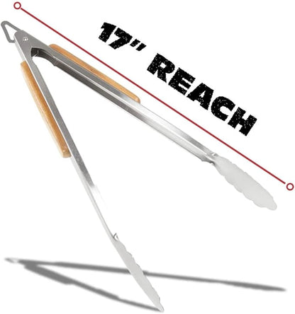 BBQ-AID Pro BBQ Tongs for Grill - 17" Professional Grade Barbecue Tongs for Cooking- Solid & Sturdy - Built with 304 Grade Stainless Steel and Acacia Wood - Heavy Duty Built to Last Kitchen essential.