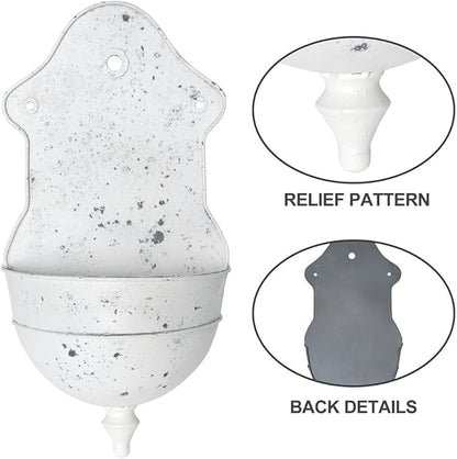 Vintage Rustic Wall Planter Distressed Decor Iron Hanging Plant Basket Shabby Metal Wall Mounted Flower Holder Pot Stand for Indoor Outdoor Home Balcony Patio Farmhouse Garden Decorative White