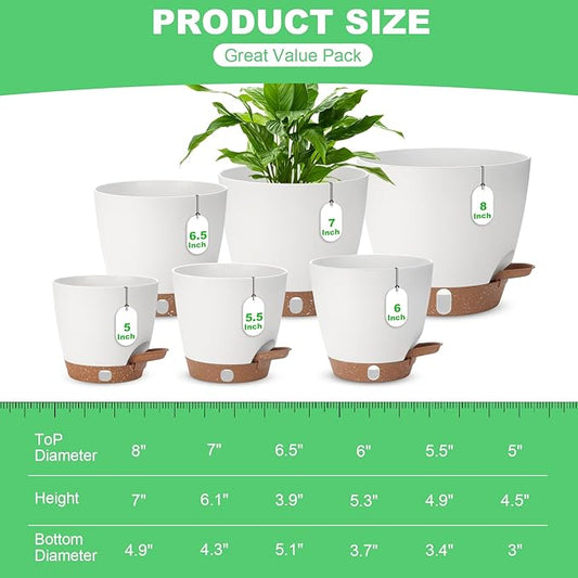 Self Watering Planter Set with Visual Water Level, 6Pack Small Plastic Pot with Drainage Holes and Reservoir Saucers, Modern 8+7+6.5+6+5.5+5 Inch Bottom Watering Flower Pots for Indoor Plant - White