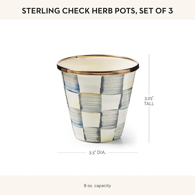 MACKENZIE-CHILDS Enamel Herb Pots, Small Plant Pots for Herbs or Flowers, Set of 3, Gray-and-White Sterling Check