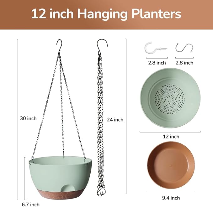 12 Inch Hanging Baskets for Plants Outdoor, Hanging Planters for Indoor Outdoor Plants, Hanging Planter with Self Watering, Hanging Flower Pots (Green)