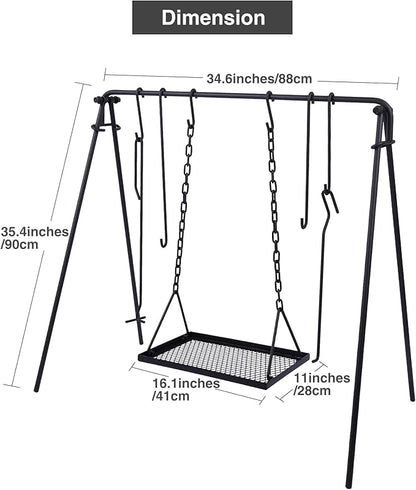 Lineslife Grill Swing Hanging Campfire Cooking Stand with Adjustable Iron Grill Grate, Collapsible Campfire Cooking Rack with Hooks and Accessories for BBQ Picnic, Outdoor Camping Cookware, Dutch Oven
