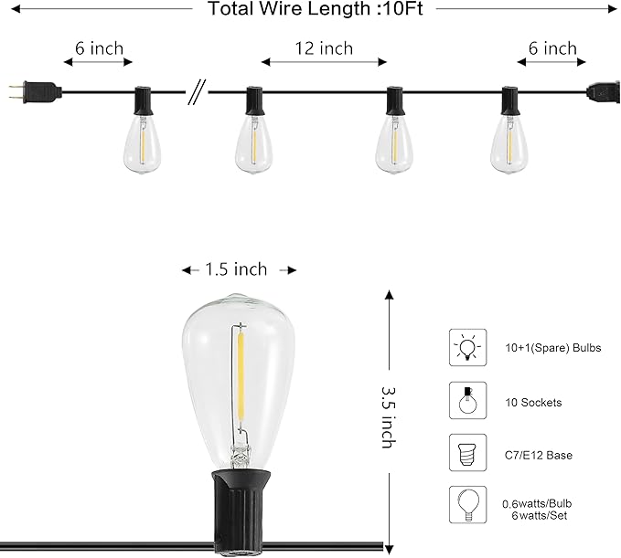 JONATHAN Y JYL8704C 10-Light Indoor/Outdoor 10 ft. Rustic Industrial LED C7 Bulb String Lights Farmhouse, Contemporary, Transitional, Modern, Patio, Porch, Backyard, Black