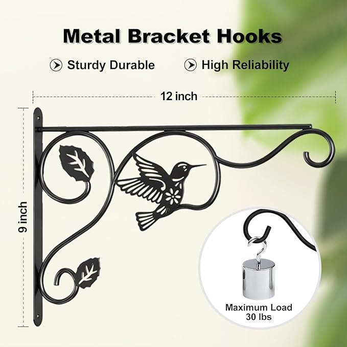 2 Packs Plant Hooks for Hanging, 12 Inch Indoor/Outdoor Metal Wall Black Hangers, Sturdy Plant Bracket for Planters, Wind Chimes, Lanterns, Bird Feeders, Garden, Home, Patio Decor