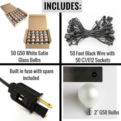 Hometown Evolution, Inc. 50 Foot Outdoor Globe Patio String Lights - Set of 50 G50 White Pearl 2 Inch Bulbs with Black Cord