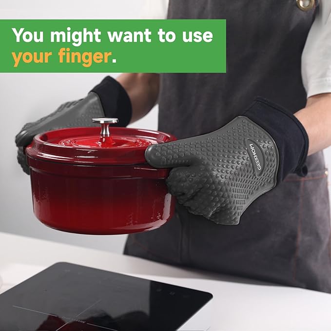 GEEKHOM BBQ Gloves Heat Resistant Oven Mitts - Silicone Grilling Gloves with 13.7" Arm Protection - Waterproof Pot Holder Non-Slip for Men & Women, Kitchen Outdoor Cooking, Baking, Camping, Gray