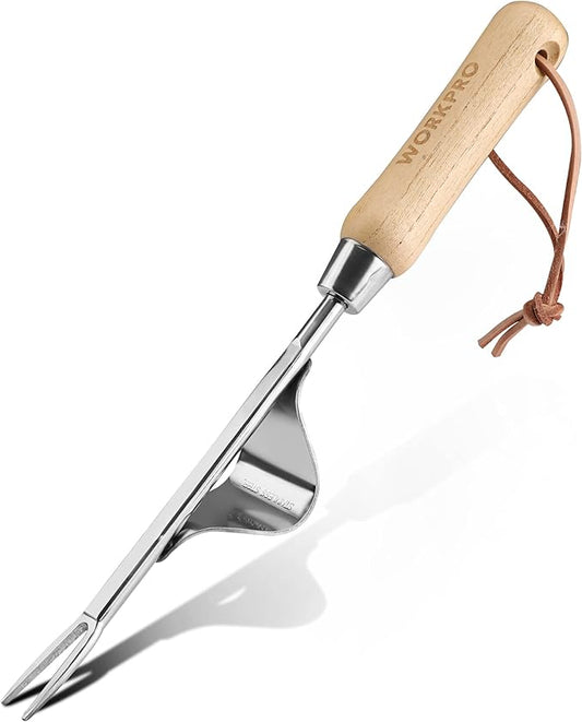 WORKPRO Weed Puller Tool, Metal Leverage Base and V-Shaped Forks for Easy Weed Removal & Deeper Root Digging, Heavy Duty Stainless Steel with Wood Handle, Manual Hand Weeder for Gardening