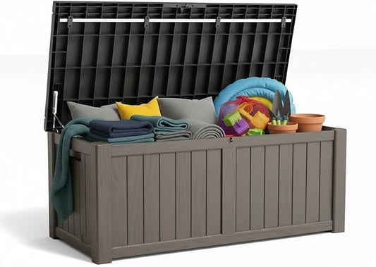 120 Gallon Resin Deck Box, Outdoor Storage Chest for Patio Furniture Cushions, Garden Tools, Pool Accessories | Lockable, Waterproof, All-Weather, Easy Assembly, Wood Grain Design