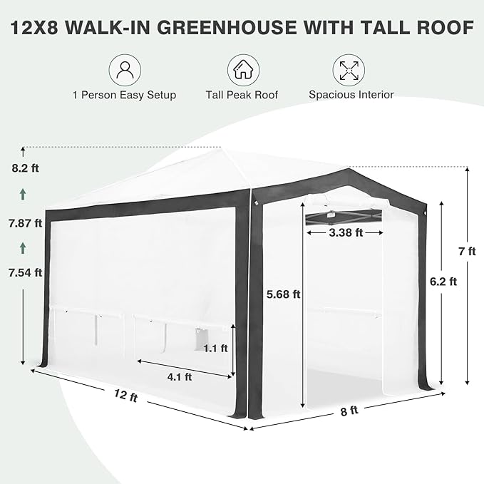 EAGLE PEAK 12x8 Portable Walk in Greenhouse with Polyester Reinforced Corners, Instant Pop up Indoor Outdoor Gardening Green House, Roll Up Zipper Doors Mesh Windows & Winter Support Pole, Gray/White