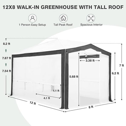 EAGLE PEAK 12x8 Portable Walk in Greenhouse with Polyester Reinforced Corners, Instant Pop up Indoor Outdoor Gardening Green House, Roll Up Zipper Doors Mesh Windows & Winter Support Pole, Gray/White
