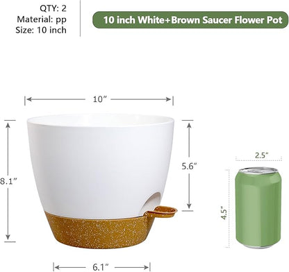 10 inch Self Watering Pots, 2 Pack Plastic Planters with Mesh Drainage Holes for Garden Plants, Plants Pots with Deep Reservoir for Indoor Outdoor Plants, White with Brown