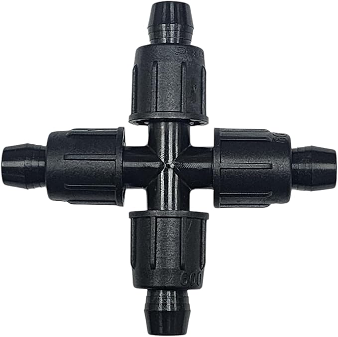 USA Made - 5 PACK Premium 1/2 Inch I.D 590" - .630" Drip Tape Irrigation Tubing 18mm Cross 4 Way Universal Perma-Loc Connector Barbed Locking Fitting - Fits All Brands Rainbird, Netafim, Etc. 18mm