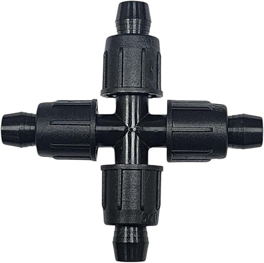 USA Made - 5 PACK Premium 1/2 Inch I.D 590" - .630" Drip Tape Irrigation Tubing 18mm Cross 4 Way Universal Perma-Loc Connector Barbed Locking Fitting - Fits All Brands Rainbird, Netafim, Etc. 18mm