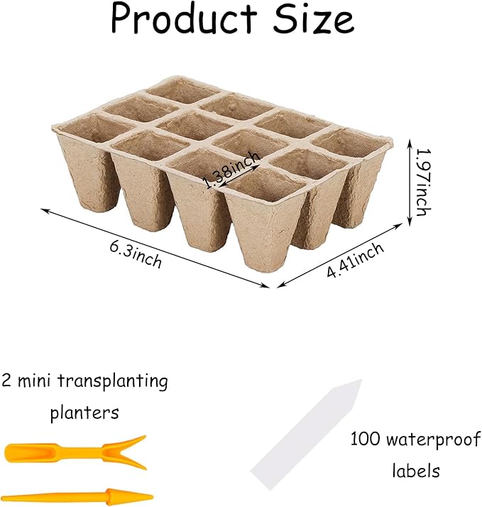 144 Cells Seed Entry Tray, 12 Packs Biodegradable Seedling Peat Pots, Organic Germinating Plant Entry Kit with 100 White Labels and 2 Planting Transplanters