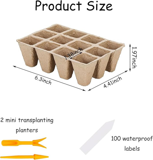 144 Cells Seed Entry Tray, 12 Packs Biodegradable Seedling Peat Pots, Organic Germinating Plant Entry Kit with 100 White Labels and 2 Planting Transplanters