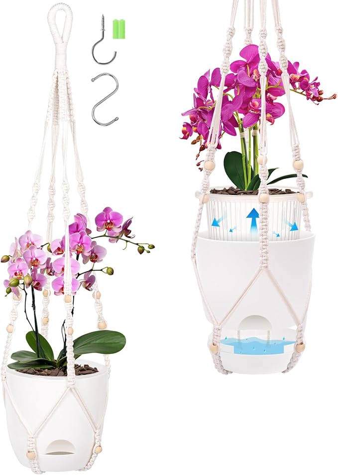 2-Pack 7.1-Inch Self-Watering Orchid Hanging planterS for Indoor & Outdoor baskets,34Inch Macrame Hanger Plant Pots Indoor with Drainage,Small Hanging Planters,With Two Sets of Hooks（Pure white）