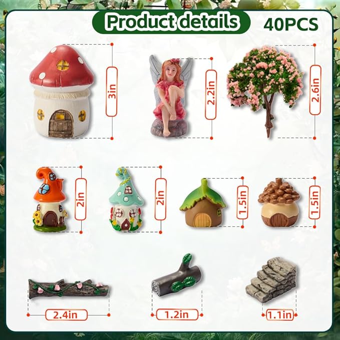 40Pcs Outdoor Miniature Fairy Garden Accessories Kit with Fairy House & Mini Resin Animals - Miniature Garden Decor Gifts for DIY Micro-Enthusiasts