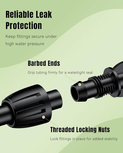 Pawfly 15 Pcs Drip Irrigation Fittings for 1/2 Inch Irrigation Tubing (1/2" ID x 0.64" OD), 1/2" Drip Line Connectors with Anti-Drop Lock Nuts, Barbed Coupling Parts for Garden Irrigation System