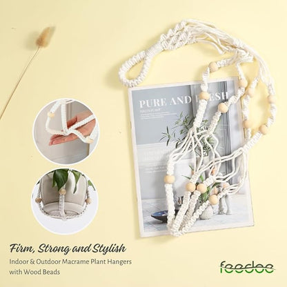 Macrame Plant Hanger, Hanging Planters for Indoor Plants Holder with Wood Beads, Hanging Plant Holder for Indoor Outdoor, Gifts for Plant Lovers, Boho Home Decor Plant Hanger, Ivory
