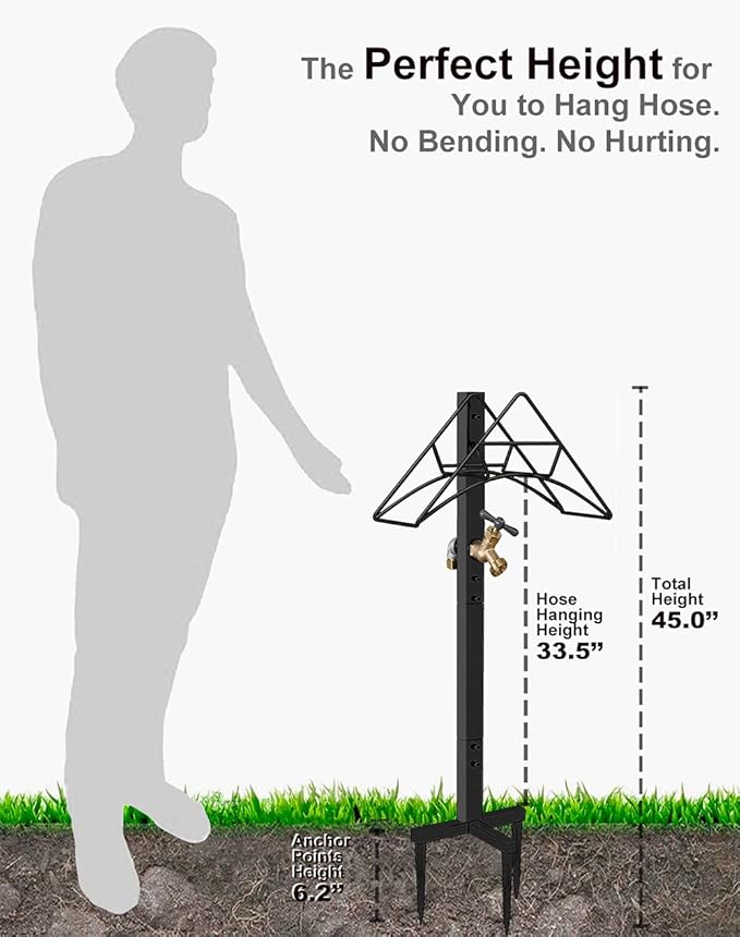 Outdoor Hose Holder Stand with Brass Spigot Faucet - Freestanding Metal Water Pipe Extension Hanger Stake Heavy Duty Storage Organizer for Garden Lawn, Backyard