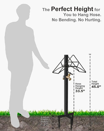 Outdoor Hose Holder Stand with Brass Spigot Faucet - Freestanding Metal Water Pipe Extension Hanger Stake Heavy Duty Storage Organizer for Garden Lawn, Backyard