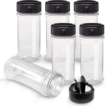 RoyalHouse 6 Pack 5.5 Oz Plastic Spice Jars with Black Cap, Clear and Safe Plastic Bottle Containers with Shaker Lids for Storing Spice, Herbs and Seasoning Powders, BPA Free, Made in USA