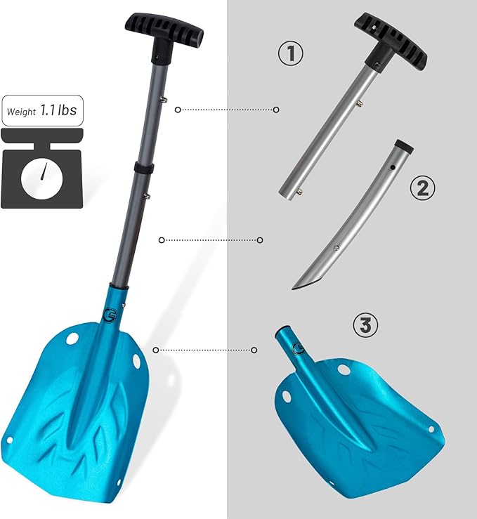 G2 Backcountry Lightweight Telescopic Avalanche Snow Shovel, Storage Down to 13 inch, Durable Aluminum Alloy Material, ABS Anti-Slip Proof Handle, Compact Storage Size (Blue)