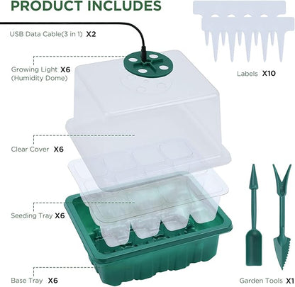 Seedfactor Seed Starter Tray with Light, 6PCS Seed Starter Kit with Grow Light, Seedling Starter Trays with Humidity Domes, Covers Height 3.9", Indoor Gardening Plant Germination Trays