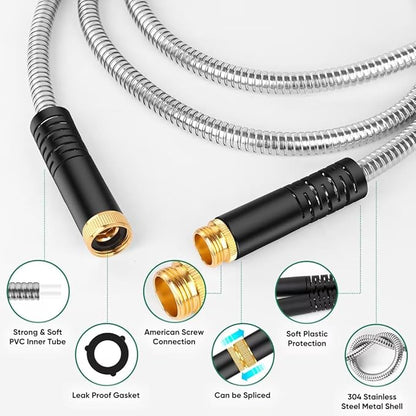 Garden Hose 50ft, Heavy Duty Stainless Steel Water Hose with 10 Functional Nozzles, No Kink, Lightweight and Flexible, Easy to Use and Store, Strong and Sturdy, Suitable for Yard and Lawn