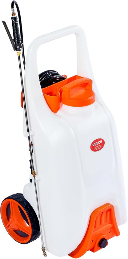 VEVOR 13.1 Gallon Battery Powered Sprayer with Wheels, Adjustable 0-80 PSI, 5 Nozzles and 98ft Hose Included, Orange