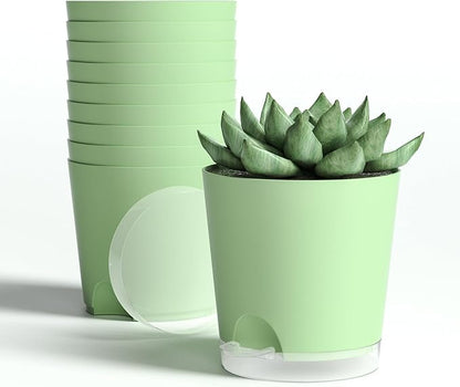 4 Inch 10 Pack Small Self Watering Pots for Indoor Plants, Nursery Pot with Drainage Holes and Saucers, Plastic Small Flower Planter for Succulent, Aloe, Cacti and More (Green)